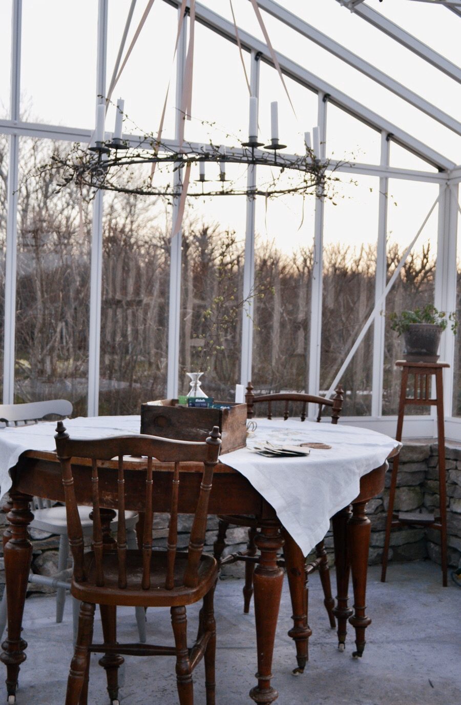 En vårklädd ljuskrona i växthuset